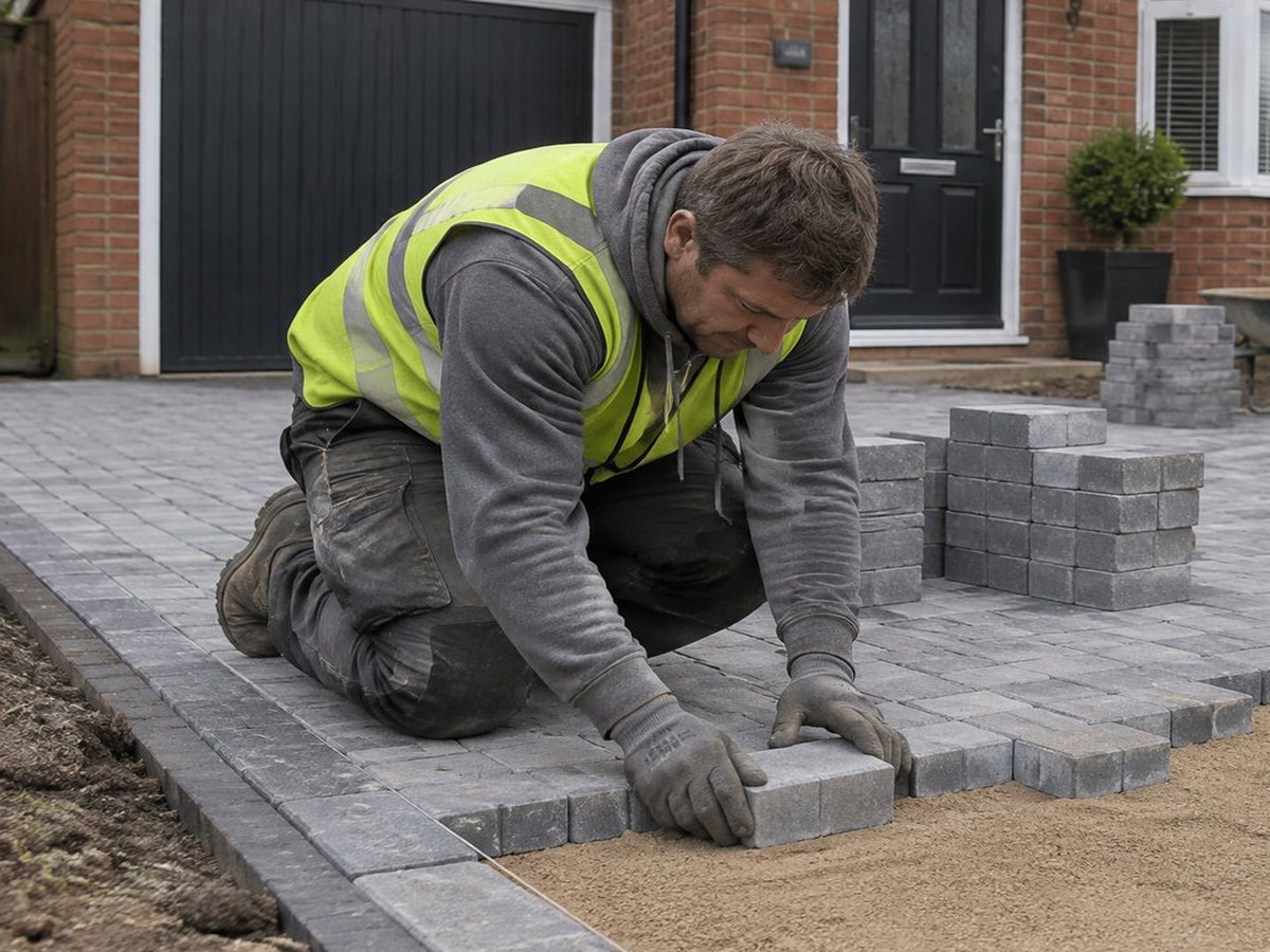 Block paving being laid on a prepared sand bed