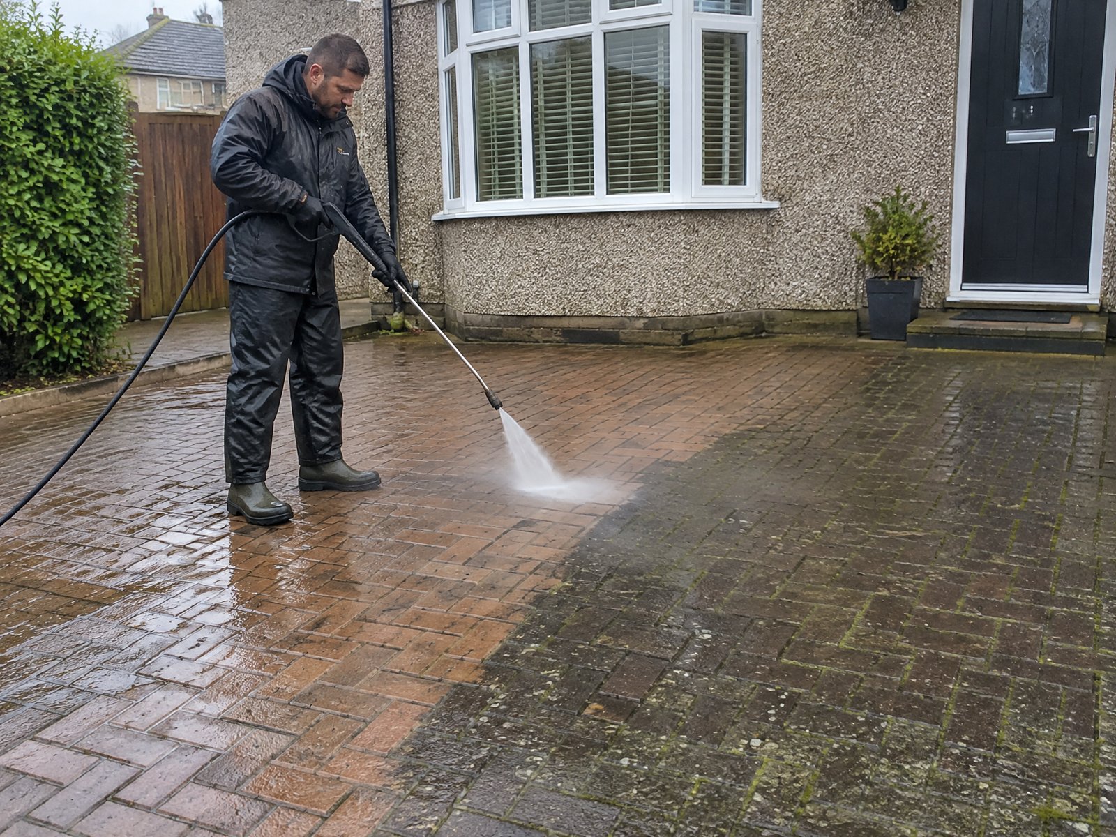 Driveway being powerwashed at a UK home
