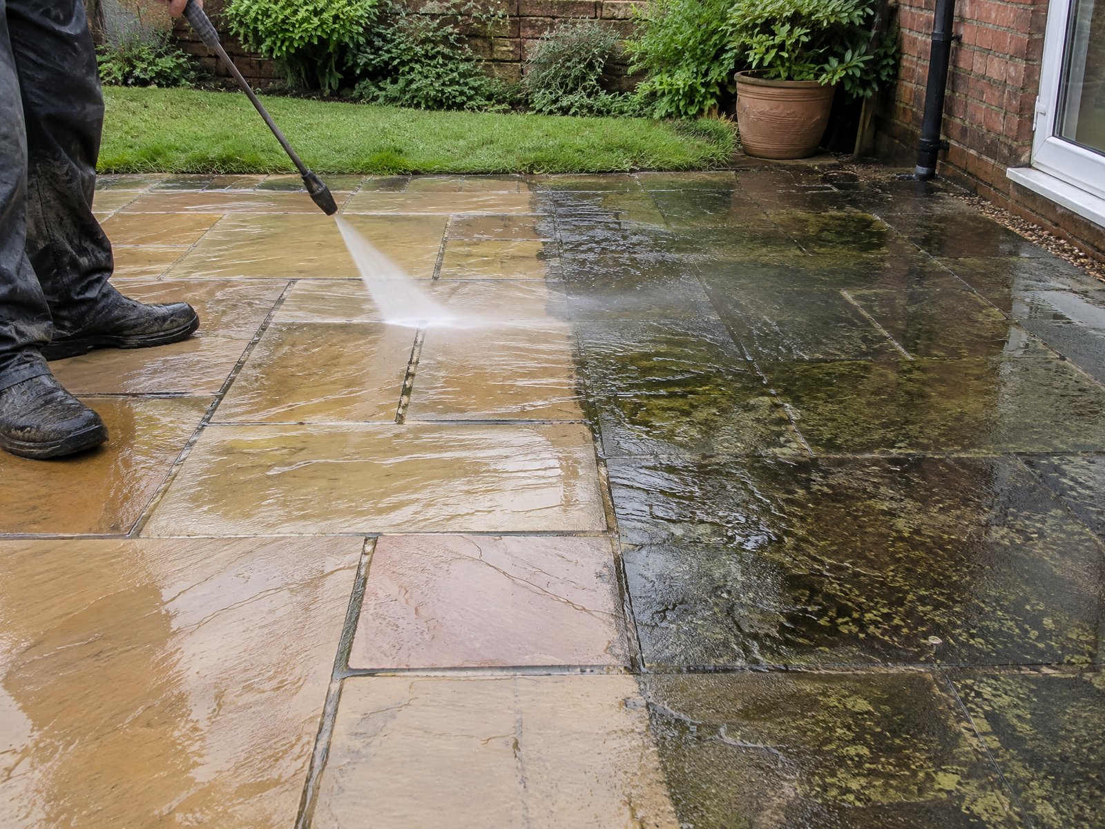 Patio cleaning with a pressure washer in a UK back garden