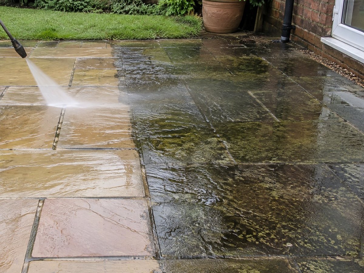 Sandstone patio restored by pressure washing