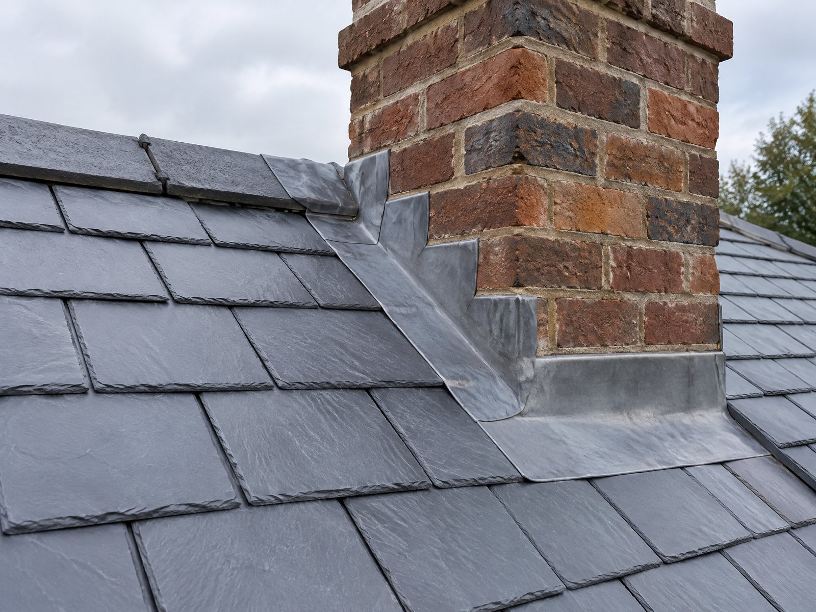 Slate roof with lead flashing around a chimney