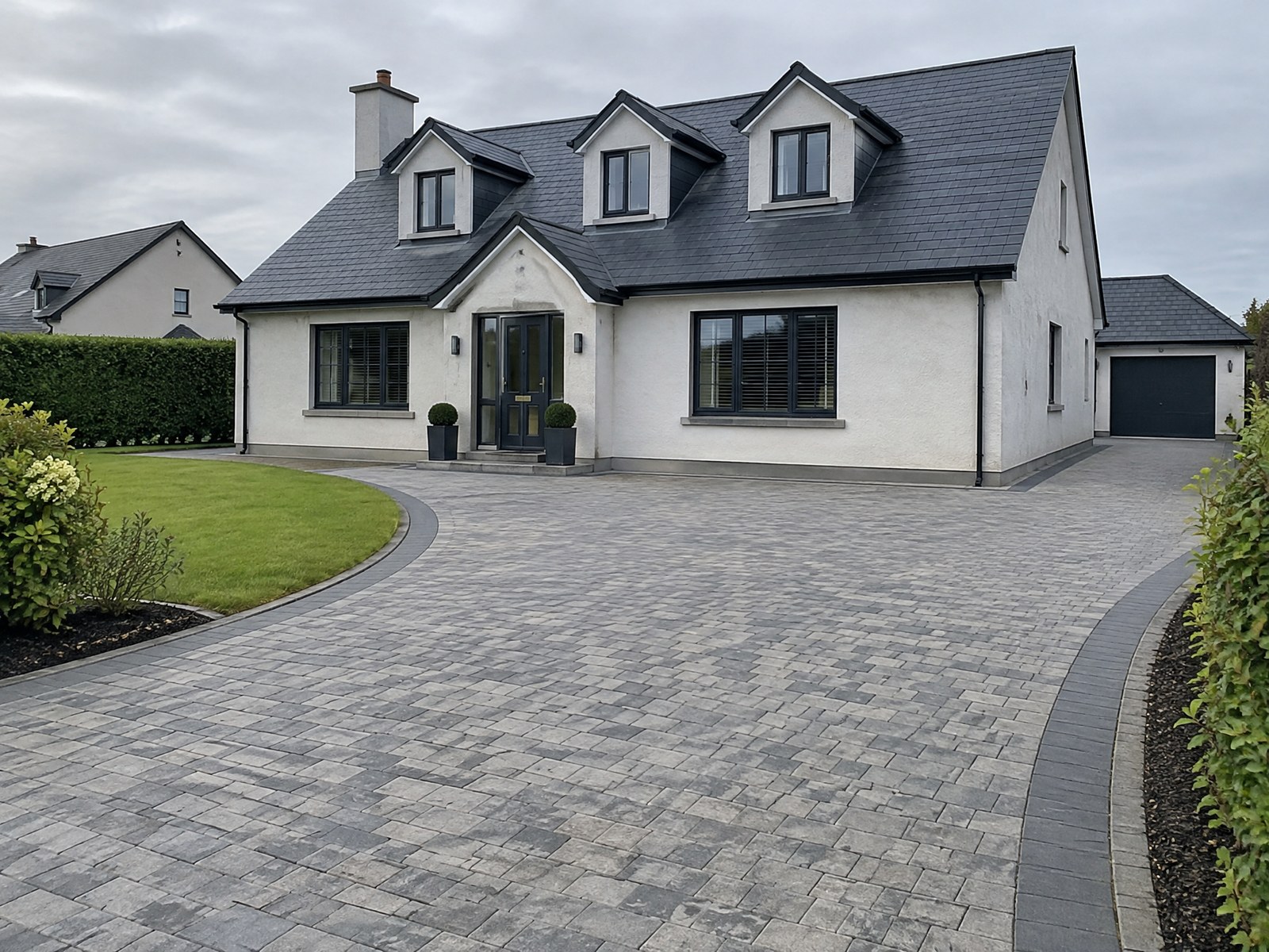 Curved block paving driveway at a Northern Ireland home