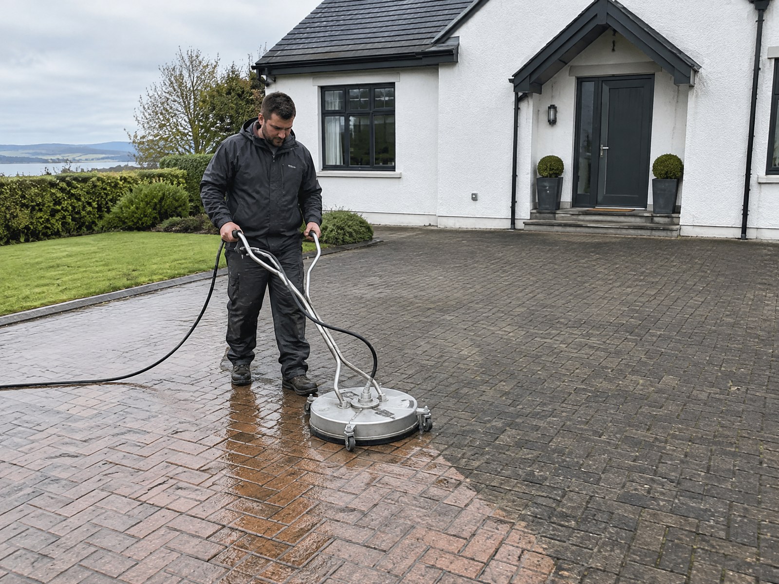 Freshly cleaned block paving driveway