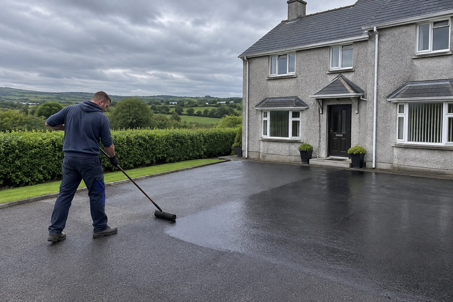 Workman applying sealant to a tarmac driveway at a pebble-dash house in Ireland