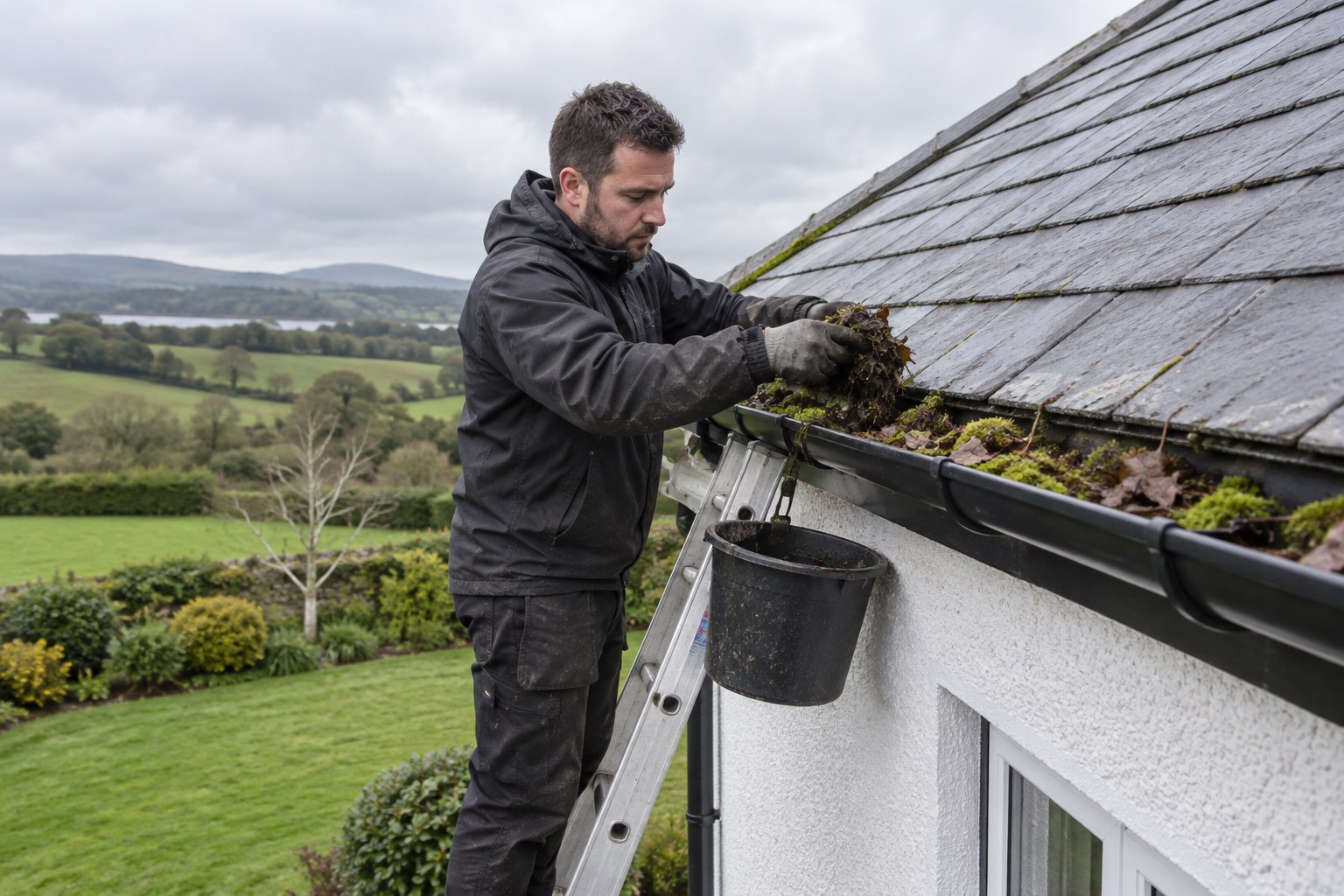 Workman clearing moss from a gutter on a white rendered Irish house