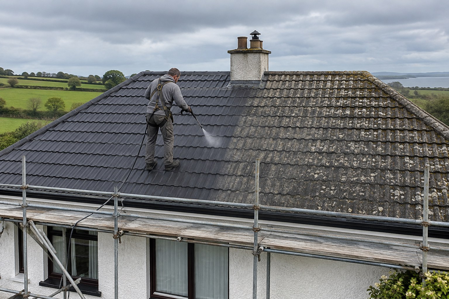 Roofer applying a protective coating to a concrete tiled roof in Ireland