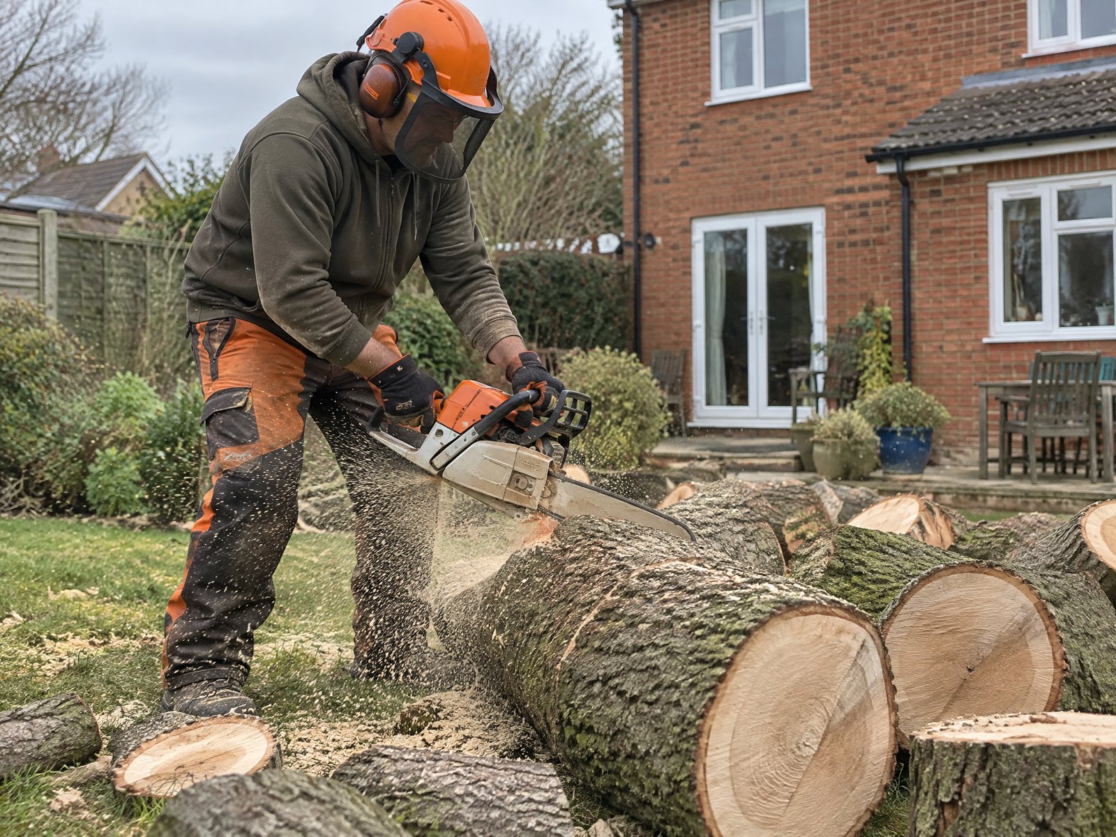 Tree surgeon cutting a felled trunk in a UK garden