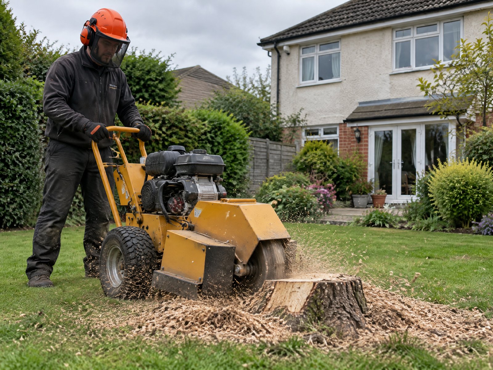 Stump grinding in a residential garden