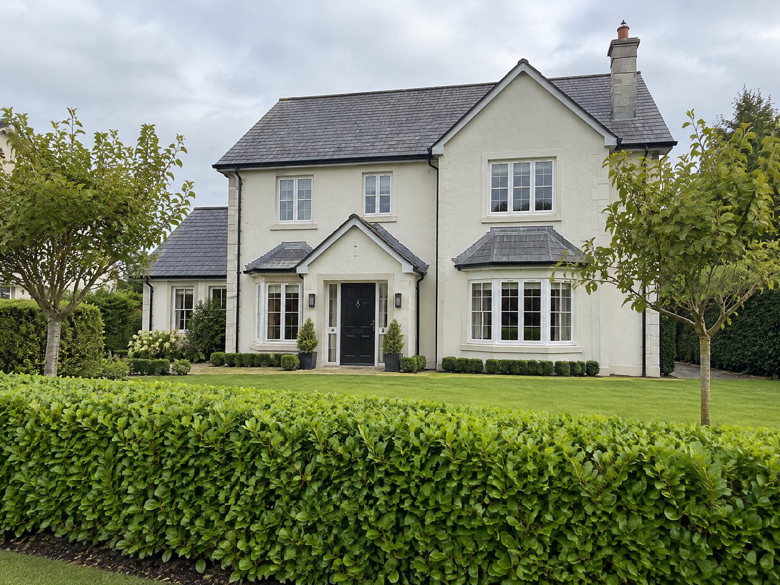 Irish detached home with trimmed hedges and trees